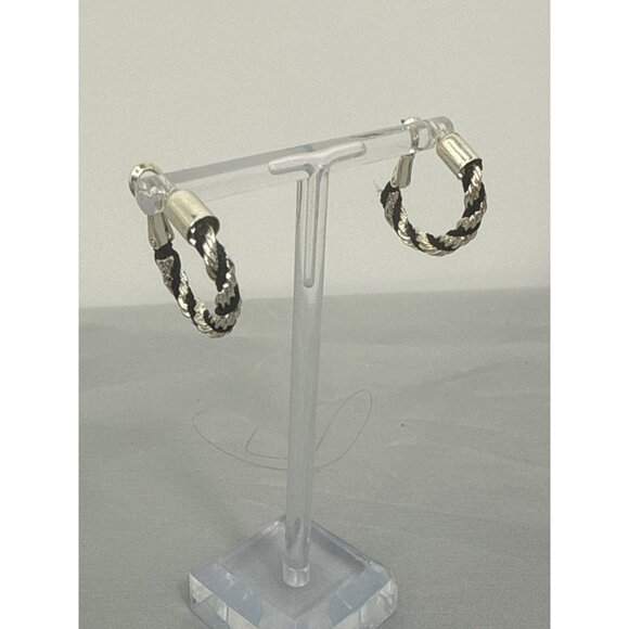 Twisted Rope-Style Hoop Earrings Silver & Black Braided Design - Picture 1 of 4